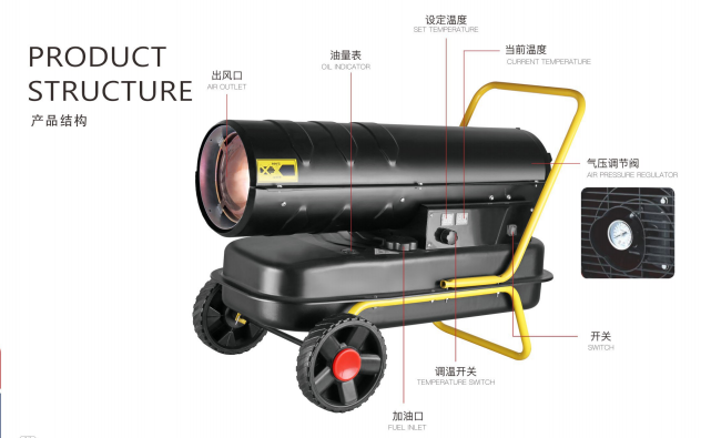 30KW 大型车间和车库移动强制空气加热器工业柴油低噪音恒温泵电机核心部件